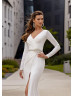 White Satin V Neck Slit Wedding Dress